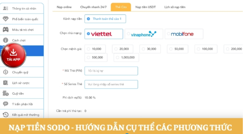 Hướng dẫn nạp tiền SODO nhanh chóng, an toàn