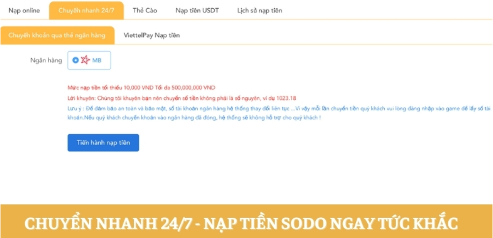 Nạp tiền SODO bằng phương thức chuyển nhanh
