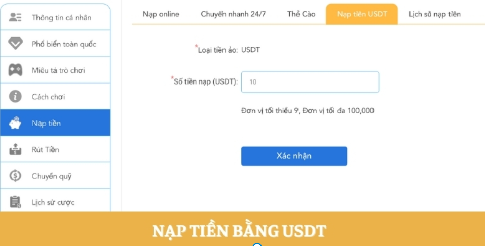 Nạp tiền SODO bằng ví USDT
